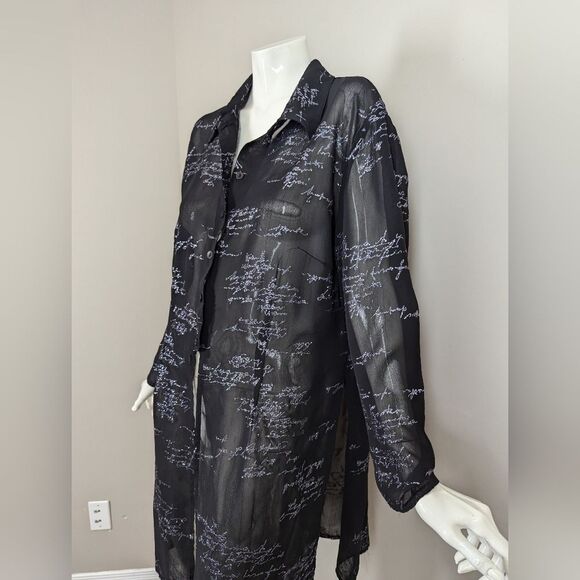 Vintage Steilmann Sheer Black Shirt Dress – Glitter Script Print – Y2K Goth Roma - Picture 7 of 11